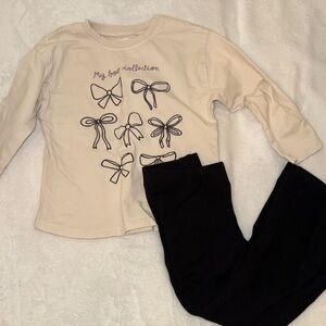 Cream Bow Graphic Long Sleeve Top and Black Leggings Set